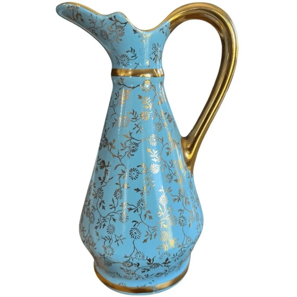 Vintage Pearl China Tiffany Blue Mini Pitcher Creamer Bud Vase 22KT Gold Cottage